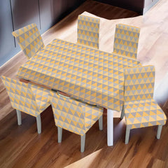 Heart Home Set of 7 Waterproof & Oil Repellent Dining Table Chair Cover 6 Seater Full Set | Washable Seat Cover Protector Slipcover Cloth | Geometric Yellow & Grey Triangle Design