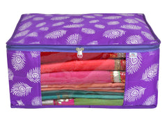 Heart Home Leaf Printed Saree Cover/Clothes Organiser For Wardrobe With Transparent Window, Pack of 4 (Purple)