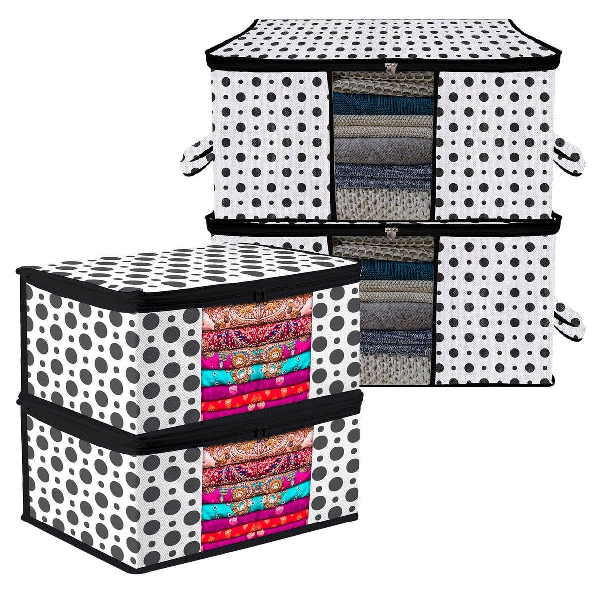 Heart Home Saree Cover & Underbed Stoarge Bag Set | 2 Pieces Saree & 2 Pieces Underbed Storage Bag Combo Set | Zipper Closure & Handle | Dot-Design | Set of 4 | Black