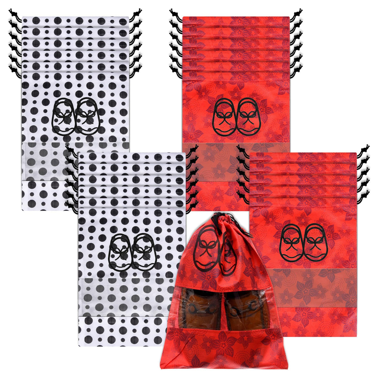 Heart Home Shoe Cover | Travel Shoe Storage Bags | Non-Woven Storage Bag | Shoe Cover with Drawstring | Shoe Organizer with Clear window | Pack of 24 | Multi