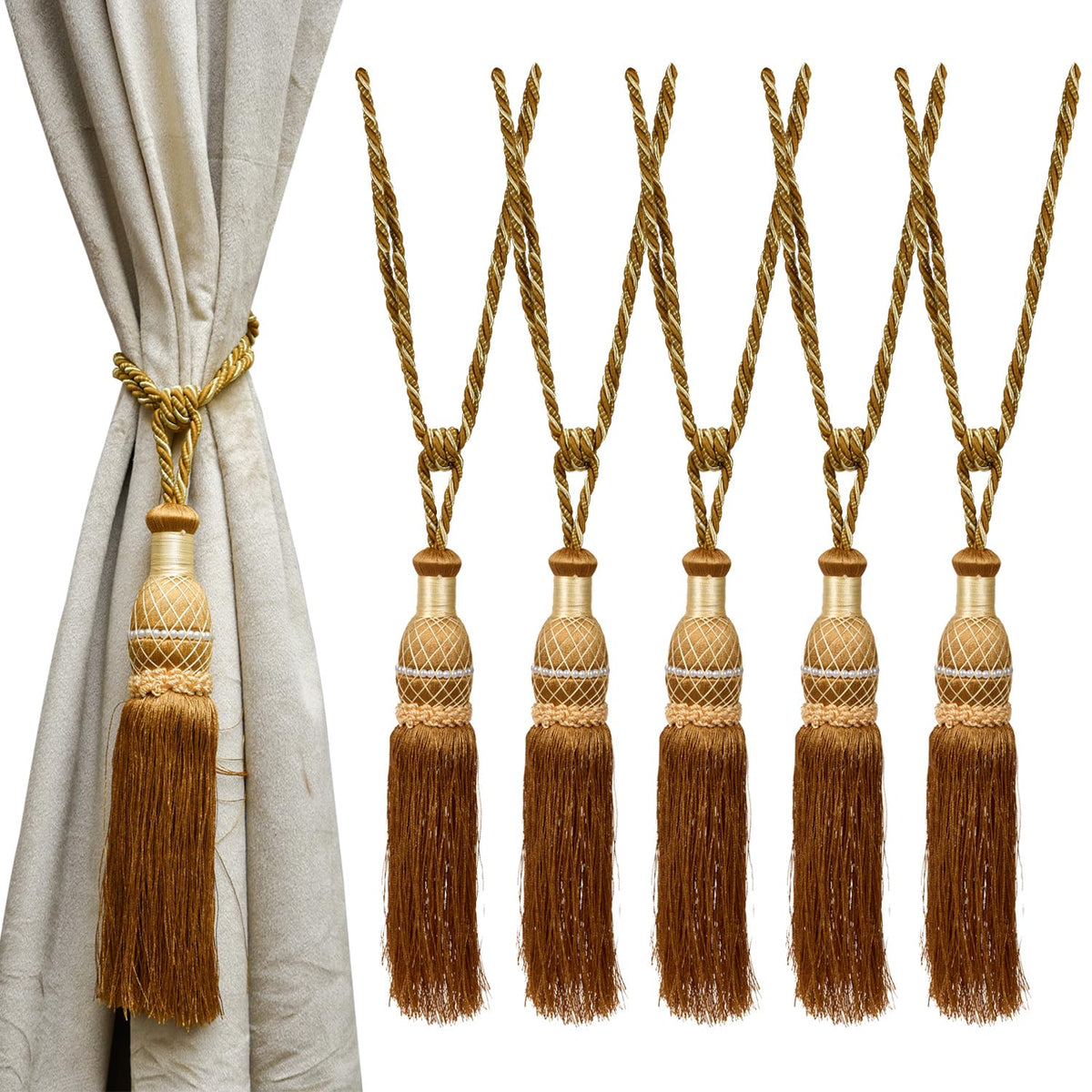 Kuber Industries Tassel Set | Curtain Tie Back Tassel Set | Curtain Holder Tieback | Curtain Tieback | Curtain Holder for Home & Office Dcor | Moti Kit Pit Tassel | Pack of 6 | Golden