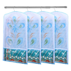 Heart Home Hanging Saree Cover | Brush Painting Pattern Saree Cover | Non-Woven Saree Covers for Home | Saree Cover with Small Transparent view | Pack of 6 | Sky Blue