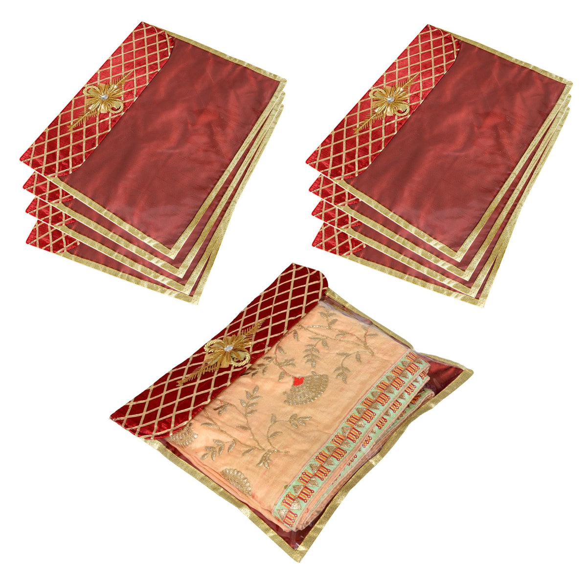 Heart Home Saree Cover | Clothes Storage Bag | Single Packing Saree with Velcro | Wardrobe Organizer | Cloth Stoarge Organizer | Check Jama Brooch-Design | Pack of 9 | Maroon