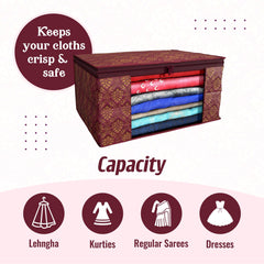 Heart Home Saree Cover | Zip Closure Saree Cover | Clothes Storage Bag | Wardrobe Organizer | Transparent Window Saree Cover | Golden Printed | 9 Inch | Pack of 3 | Maroon