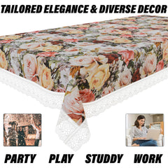 Heart Home Dining Table Cover | PVC Table Cloth Cover | 8 Seater Table Cloth | Rose Table Cover | Table Protector | Table Cover for Dining Table | 60x108 Inch | DTC | White
