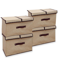Kuber Industries Double Lid Foldable Storage Box|Toys Storage Bin|Wardrobe Organizer For Clothes|Front Handle & Stackable Pack Of-4 (Beige)