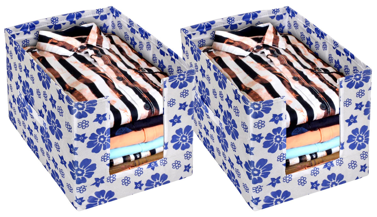 Heart Home Flower Printed Non-Woven Foldable Shirt Stacker Closet Organizer With Handles- Pack of 2 (White & Blue)-HS43HEARTH26498