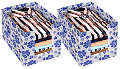 Heart Home Flower Printed Non-Woven Foldable Shirt Stacker Closet Organizer With Handles- Pack of 2 (White & Blue)-HS43HEARTH26498