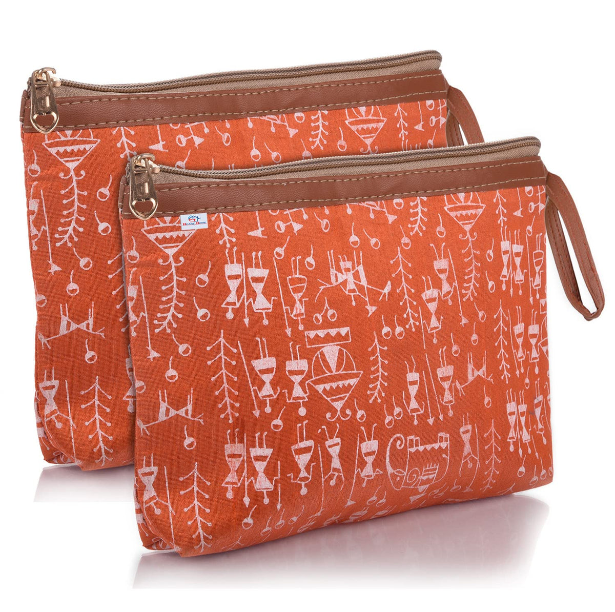 Heart Home Toiletry Pouch|Warli Print Travel Cosmetic Pouch|Canvas Waterproof Makeup Pouch with Handle|Pack of 2 (Orange)