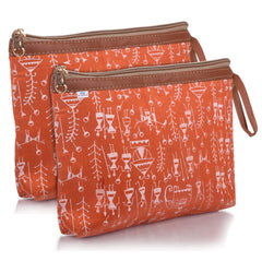 Heart Home Toiletry Pouch|Warli Print Travel Cosmetic Pouch|Canvas Waterproof Makeup Pouch with Handle|Pack of 2 (Orange)