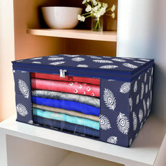 Heart Home Saree Cover | Clothes Storage Bag | Storage Organizer Bag | Zip Closure Saree Cover | Wardrobe Organizer | Peacock Feather-Design | 6 Inch | Pack of 2 | Navy Blue