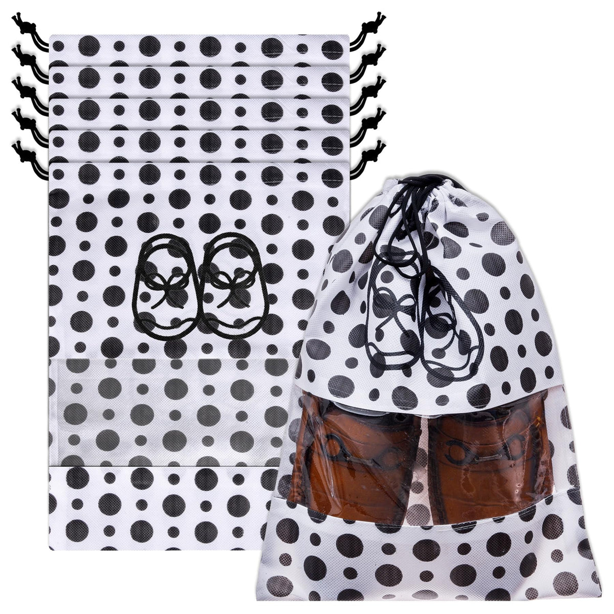 Heart Home Shoe Cover | Travel Shoe Storage Bags | Non-Woven Storage Bags | Shoe Cover with Drawstring | Shoe Organizer with Clear window | Black Dot-Design | Pack of 6 | White
