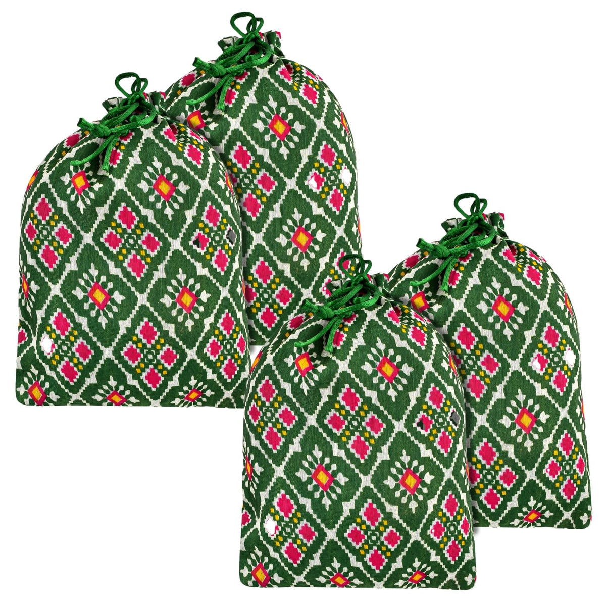 Kuber Industries Potli | Silk Wedding Potli | Drawstring Closure Potli | Wallet Potli | Christmas Gift Potli | Baby Shower Potli | Medium-Patola-Print Potli | 7x9 Inch | Pack of 4 | Green