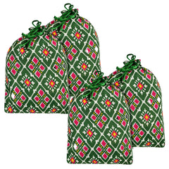 Kuber Industries Potli | Silk Wedding Potli | Drawstring Closure Potli | Wallet Potli | Christmas Gift Potli | Baby Shower Potli | Medium-Patola-Print Potli | 7x9 Inch | Pack of 4 | Green