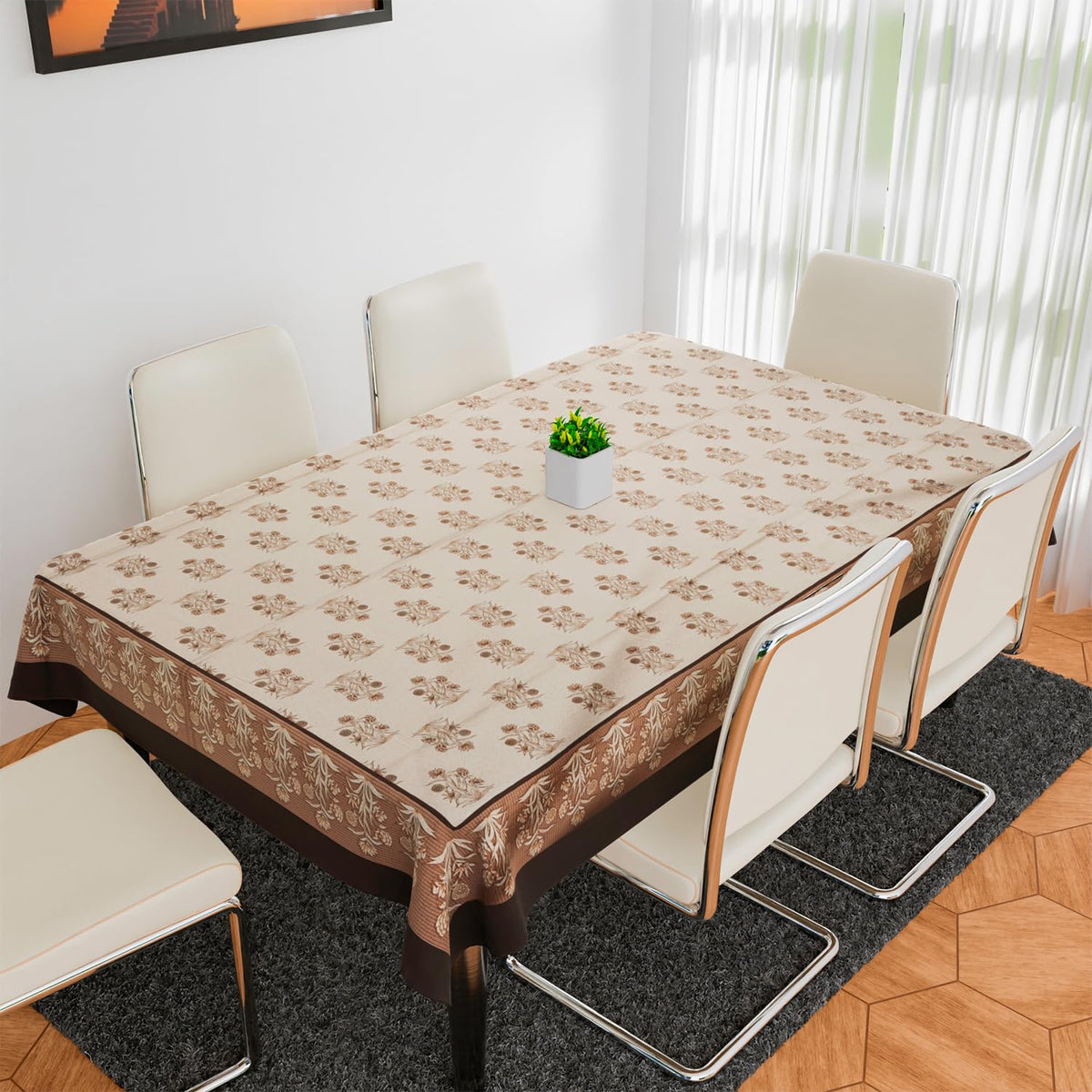 Kuber Industries Dining Table Cover | Polyester Table Cloth Cover | 6-Seater Table Cloth | Harmony Table Cover | Table Protector | Table Cover for Dining Table | 60x90 Inch | DTC | Cream & Brown