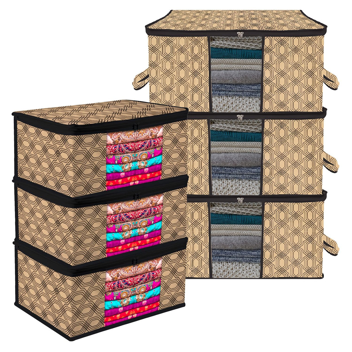 Heart Home Saree Cover & Underbed Stoarge Bag Set | 3 Pieces Saree & 3 Pieces Underbed Storage Bag Combo Set | Zipper Closure & Handle | Honeycomb-Design | Set of 6 | Coffee