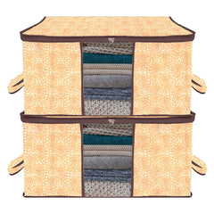 Heart Home Underbed Storage Bag | Clothes Storage Organizer | Blanket Cover with Clear Window | Zipper Closure & Handle Cloth Organizer | Flower-Design | Large | Pack of 2 | Brown