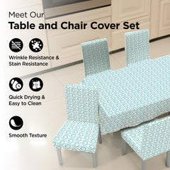 Kuber Industries Set of 7 Waterproof & Oil Repellent Dining Table Chair Cover 6 Seater Full Set | Washable & Dustproof Seat Cover Protector Slipcover Cloth | Swirl Pattern Light Blue