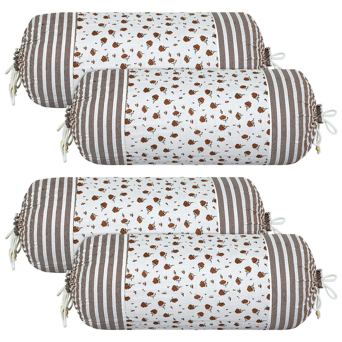 Kuber Industries Bolster Covers | Cotton Bolster Cover Set | Diwan Bolster Cover Set | Bolster Pillow Cover | Brown Flower Masand Cover | 16x32 Inch | Pack of 4 | White