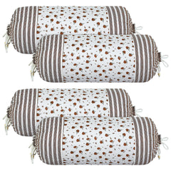 Kuber Industries Bolster Covers | Cotton Bolster Cover Set | Diwan Bolster Cover Set | Bolster Pillow Cover | Brown Flower Masand Cover | 16x32 Inch | Pack of 4 | White
