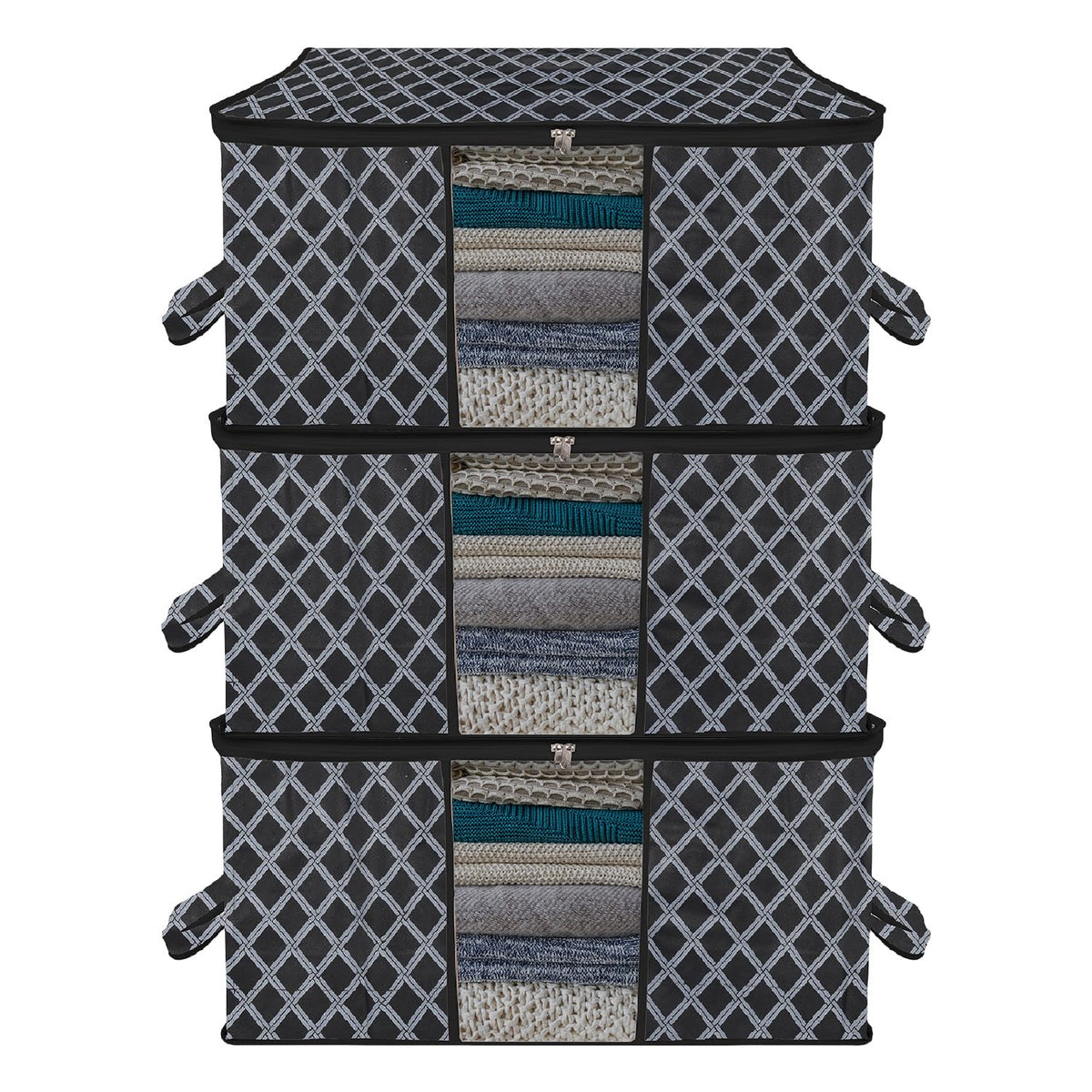 Heart Home Underbed Storage Bag | Clothes Storage Organizer | Blanket Cover with Clear Window | Zipper Closure & Handle Cloth Organizer | Check-Design | Large | Pack of 3 | Black