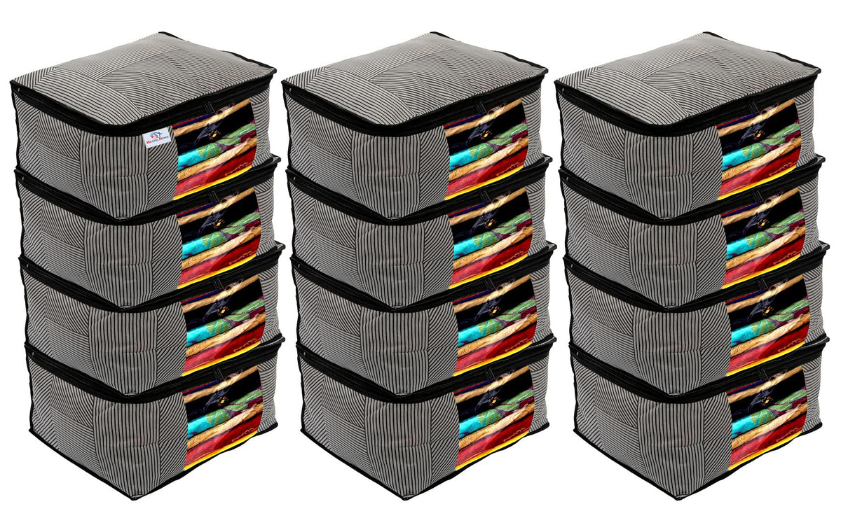 Heart Home Non-Woven Lining Print Saree Organizer|Wardrobe Organizers With Transparent Window, Zipper, Set of 12 (Gray)