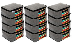 Heart Home Non-Woven Lining Print Saree Organizer|Wardrobe Organizers With Transparent Window, Zipper, Set of 12 (Gray)