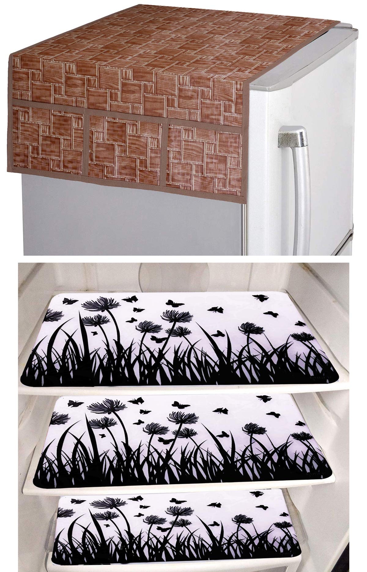 Kuber Industries Jungle Design 3 Pieces PVC Fridge Mats and Wooden Checkered Design 1 Piece Fridge Top Cover (Brown) - CTKTC39795