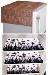Kuber Industries Jungle Design 3 Pieces PVC Fridge Mats and Wooden Checkered Design 1 Piece Fridge Top Cover (Brown) - CTKTC39795