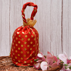 Kuber Industries Potli|Round Wedding Potli|Silk Drawstring Potli|Wallet Potli with Handle|Christmas Gift Potli|Baby Shower Potli|Traditional Shagun Potli|Golden Dot-Potli|Pack of 8|Red