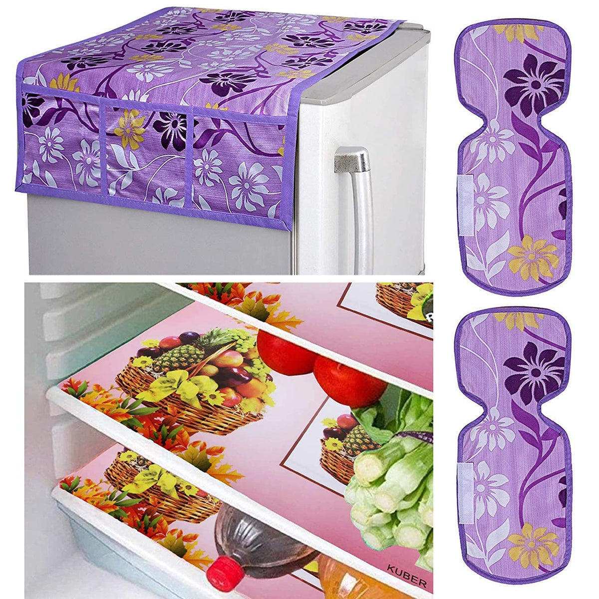 Kuber Industries Flower Design Combo PVC 3 Pieces Fridge Mats, 2 Piece Handle Cover and 1 Piece Fridge Top Cover(Purple)