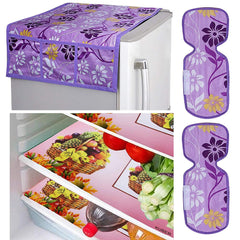 Kuber Industries Flower Design Combo PVC 3 Pieces Fridge Mats, 2 Piece Handle Cover and 1 Piece Fridge Top Cover(Purple)