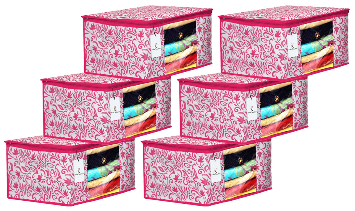 Kuber Industries Leaf Design 6 Piece Non Woven Fabric Saree Cover Set with Transparent Window, Extra Large, Pink- CTKTC031913
