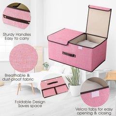 Kuber Industries Double Lid Foldable Storage Box|Toys Storage Bin|Wardrobe Organizer For Clothes|Front Handle & Stackable Pack Of-2 (Pink)