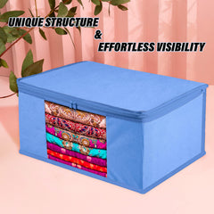 Heart Home Saree Cover | Clothes Storage Bag | Wardrobe Organizer | Zip Closure Saree Cover | Transparent Window Saree Cover | Plain Saree Cover | 9 Inch | Pack of 3 | Light Blue