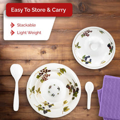 Kuber Industries 32 Pieces Round Melamine Microwave & Dishwasher Safe Dinnerware Kitchen Crockery Set | Glossy Dinner Sets & Kitchen Set for Home | Blueberry Floral - White