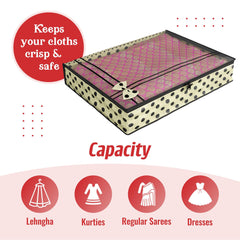 Heart Home Saree Cover | Zip Closure Saree Cover | Clothes Storage Bag | Wardrobe Organiser | Transparent Window Saree Cover | Leaf-Bow-Design | 9 inch | Pack of 9 | Cream