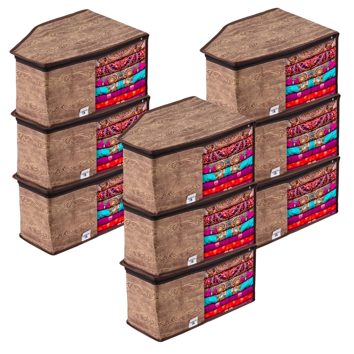 Heart Home Blouse Cover | Clothes Storage Bag | Zipper Wardrobe Organizers | Non-Woven Clothes Organiser | Side Transparent Blouse Organizer | Wooden Texture-Design | Pack of 9 | Brown