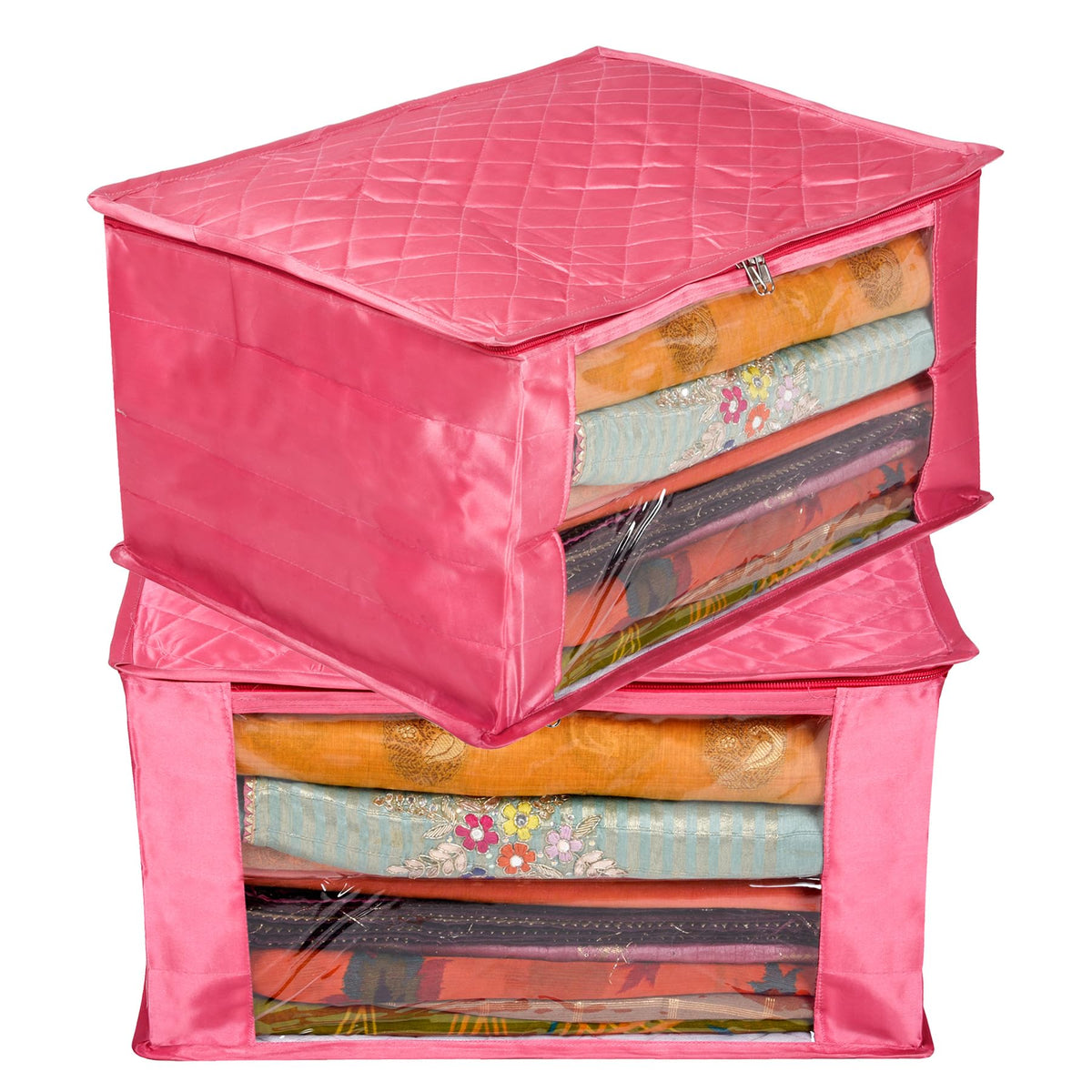 Heart Home Saree Cover | Zip Closure Saree Cover | Clothes Storage Bag | Wardrobe Organiser for Suit | Transparent Window Saree Cover | 9 inch | Pack of 2 | Pink