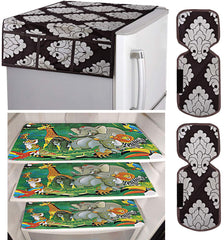 Kuber Industries Flower Design 3 Pieces PVC Fridge Mats,2 Piece Handle Cover and 1 Piece Fridge Top Cover (Brown) CTKTC33686