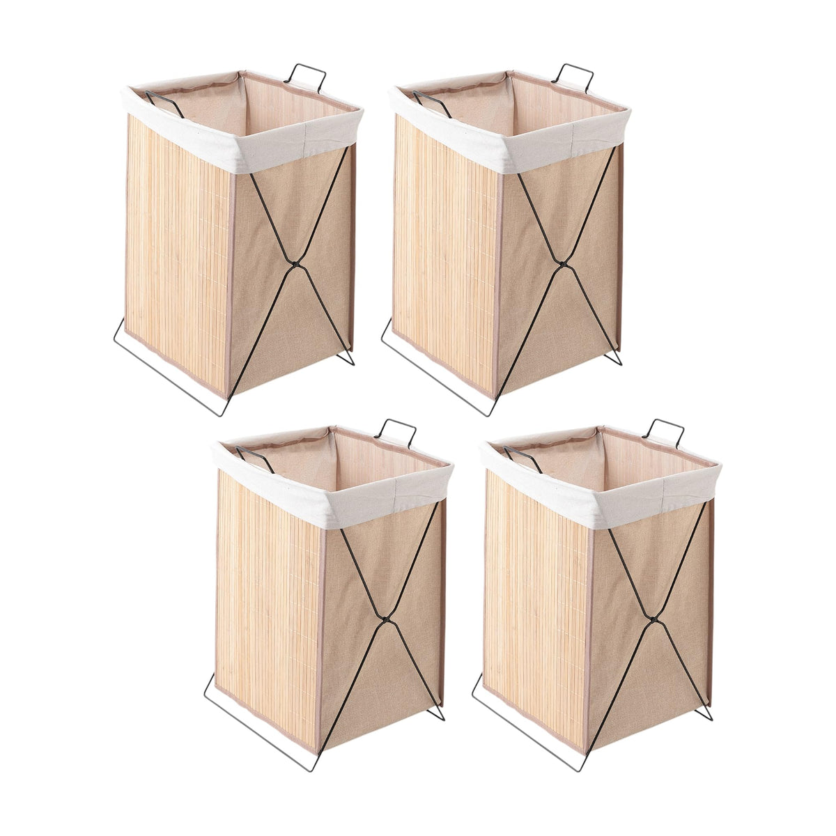 Kuber Industries Pack of 4 Foldable Bamboo Laundry Basket For Clothes With Lid | 51 Ltr Washing Clothes Storage Bag & Laundry Box - Light Brown