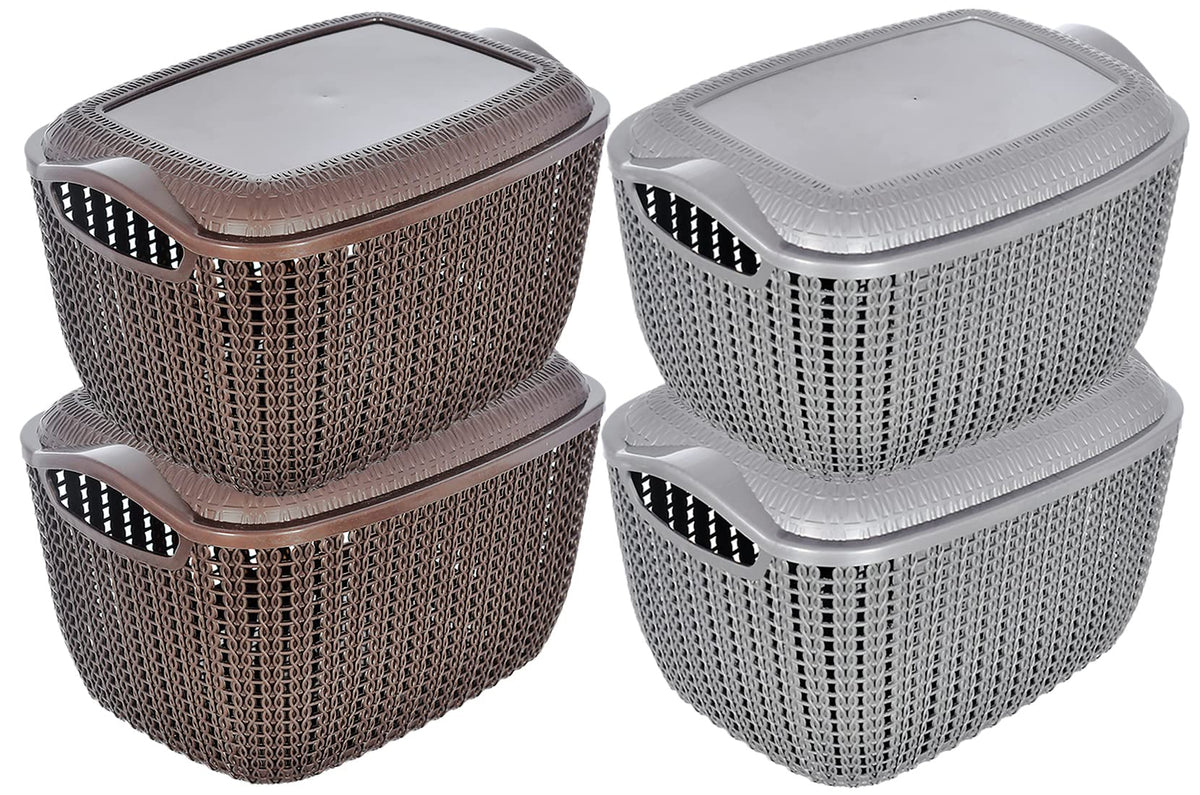 Heart Home Multiuses Small M 25 Plastic Basket/Organizer With Lid- Pack of 4 (Grey & Brown) -46HH051