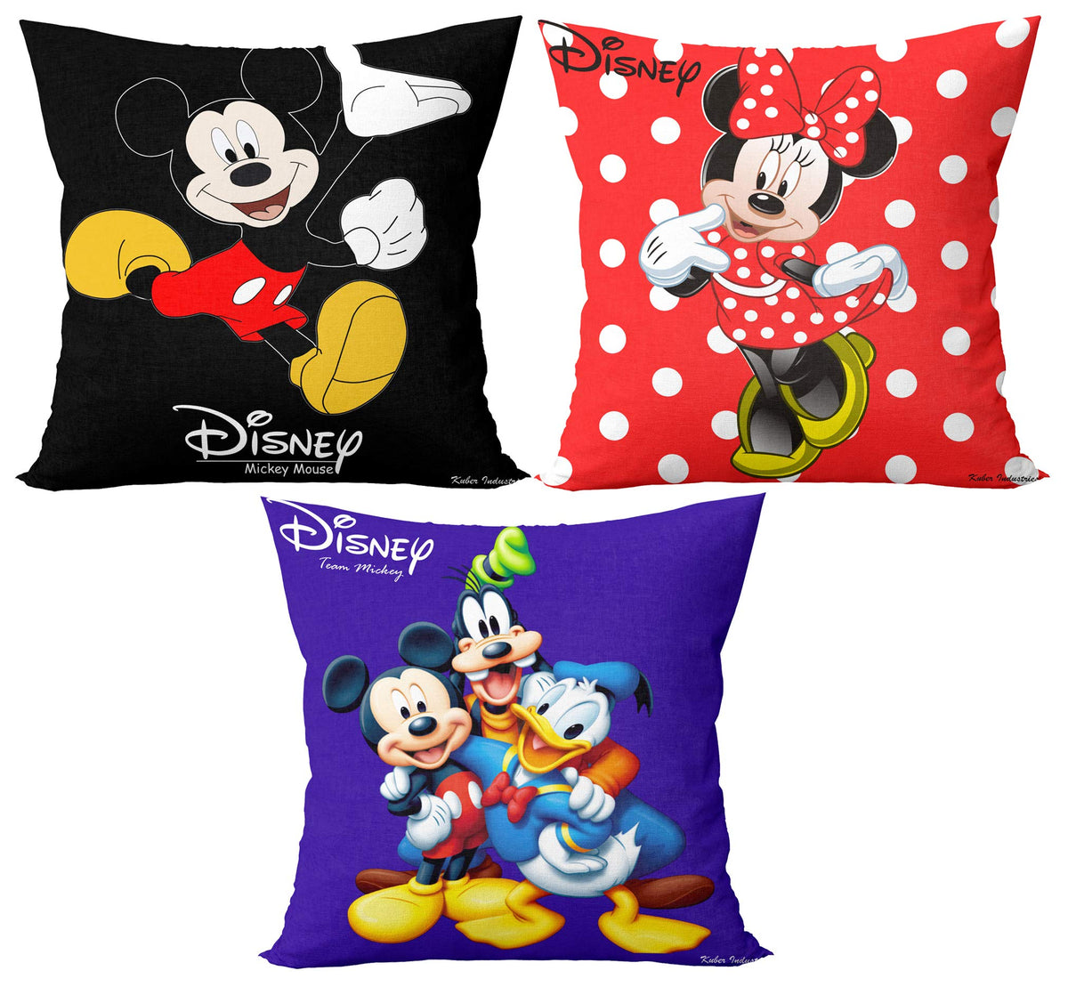 Heart Home Disney Team Minnie Mickey Print Silk Special Long Crush Cushion Covers (16"x16") Set of 3, Royal Blue & Red & Black- HEART1321