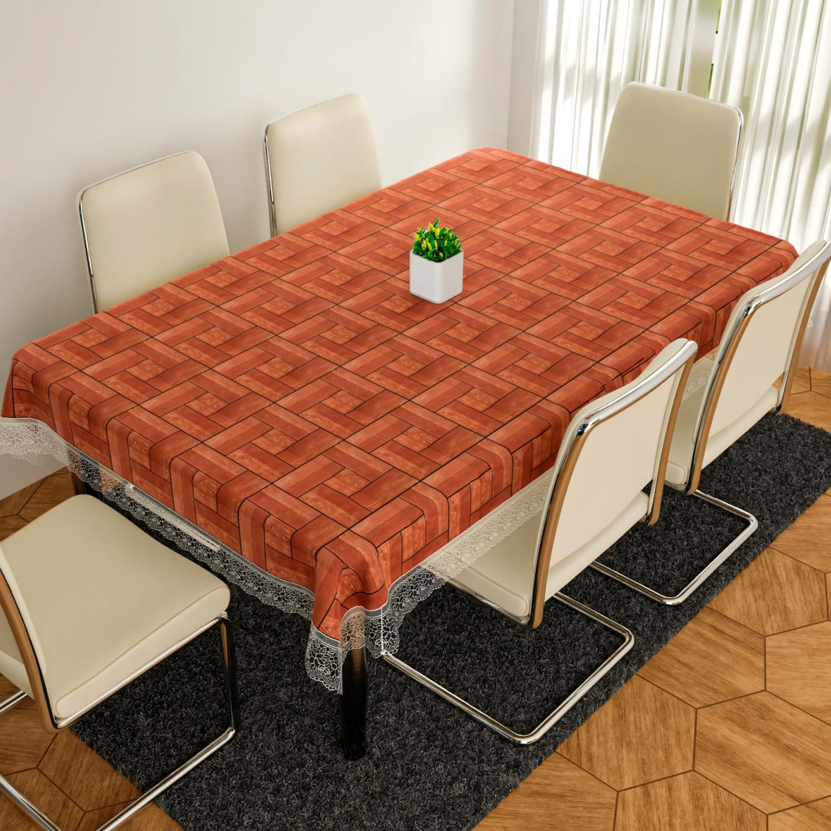 Heart Home Dining Table Cover | PVC Table Cloth Cover | 6-Seater Table Cloth | Table Protector Cover | Table Cover for Dining Table | Wooden Check Table Cover | 60x90 Inch | DTC | Brown