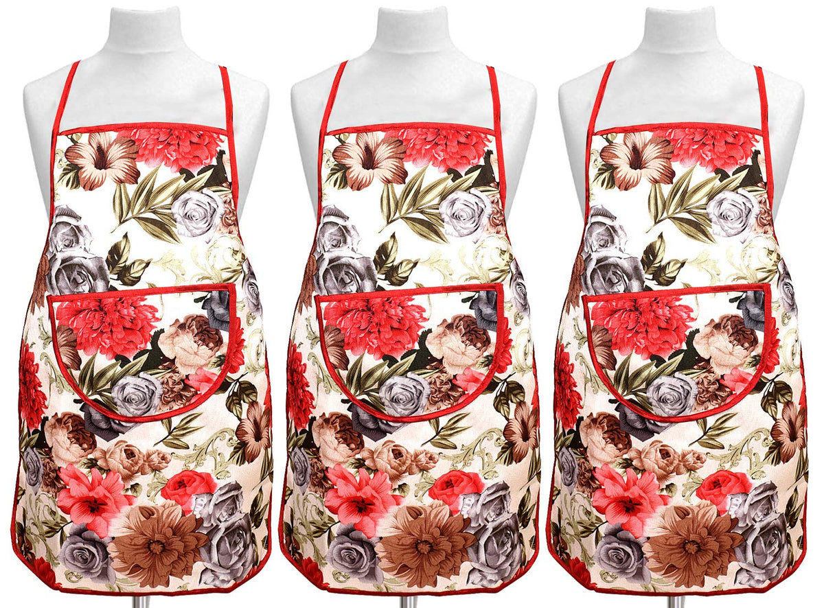 Kuber Industries Flower Design Jute 3 Pieces Waterproof Kitchen Apron with Front Pocket (Maroon) - CTKTC40358