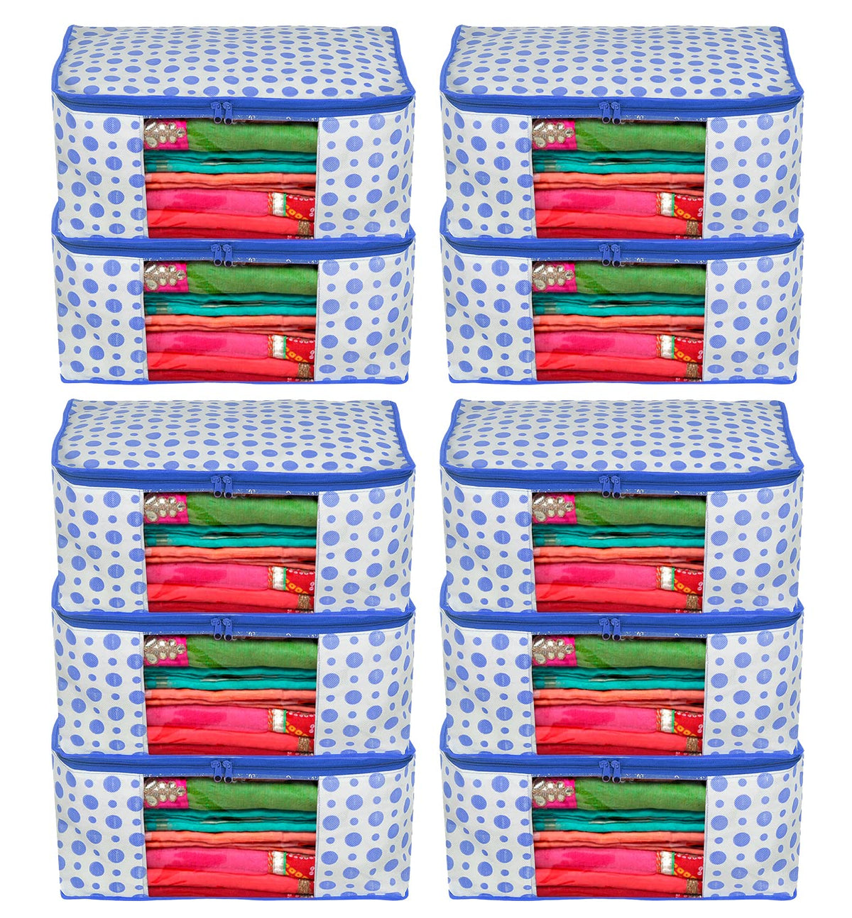 Kuber Industries Dot Printed Foldable, Lightweight Non-Woven Saree Cover/Organizer With Tranasparent Window- Pack of 10 (Blue)-46KM0501