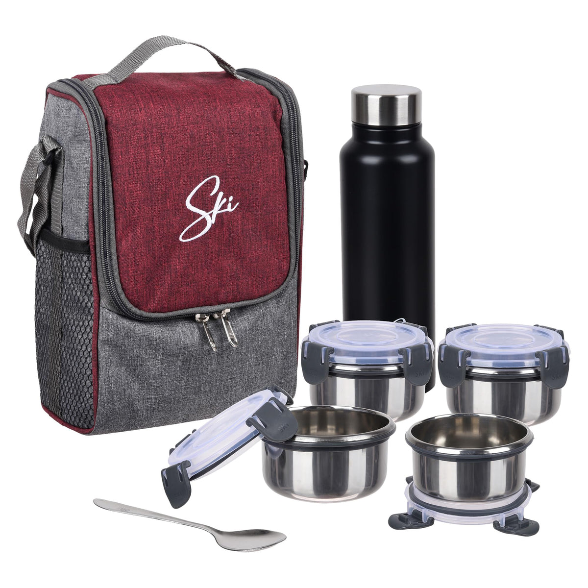 Heart Home Lunch Box Set | Lunch Box for Adult & Older Kids | 4 Containers & Bottle Lunch Box Set | Lunch Box for Office | Lunch Box for Collage | Clip Lock Lunch Set | Set of 7 | Maroon