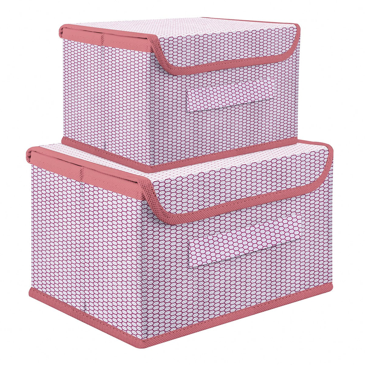 Heart Home Drawer Storage Box | Zig Zag Dhakkan Storage Box | Non-Woven Clothes Organizer | Storage Box with Handle | S | M | Pack of 2 | Pink