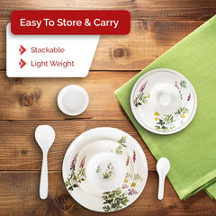 Kuber Industries 40 Pieces Round Melamine Microwave & Dishwasher Safe Dinnerware Kitchen Crockery Set | Glossy Dinner Sets & Kitchen Set for Home | Deluxe Lavendar Floral - White