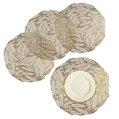 Heart Home Placemat | Placemats for Dining Room | Designer Table Mat Set | Placemats for Kitchen Table | Round Table Placemats | Leaf-Design Placemat | 4 Piece Set | Golden